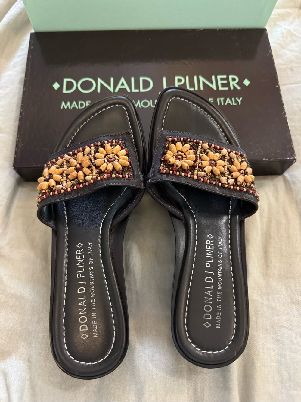 Donald J. Pliner Black Slide Sandals with Tan & Brown Beaded Floral Accents